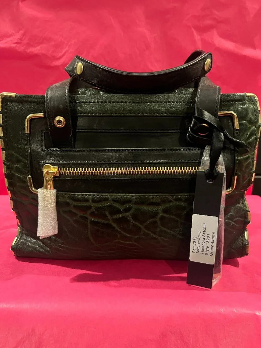 🔥 NWT Gryson Theodora Textured Lambskin Satchel Green Brown Y2K Deadstock 🔥